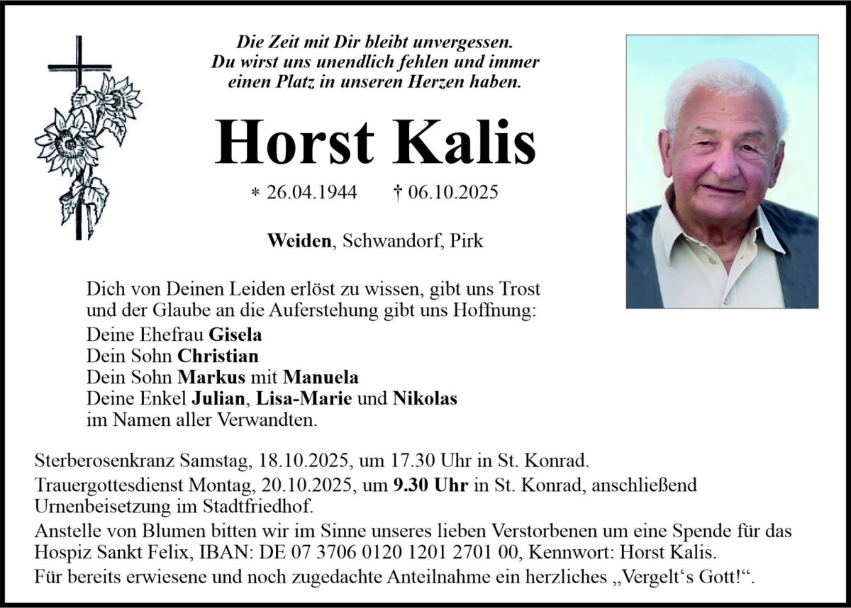 Traueranzeige Horst Kalis, Weiden