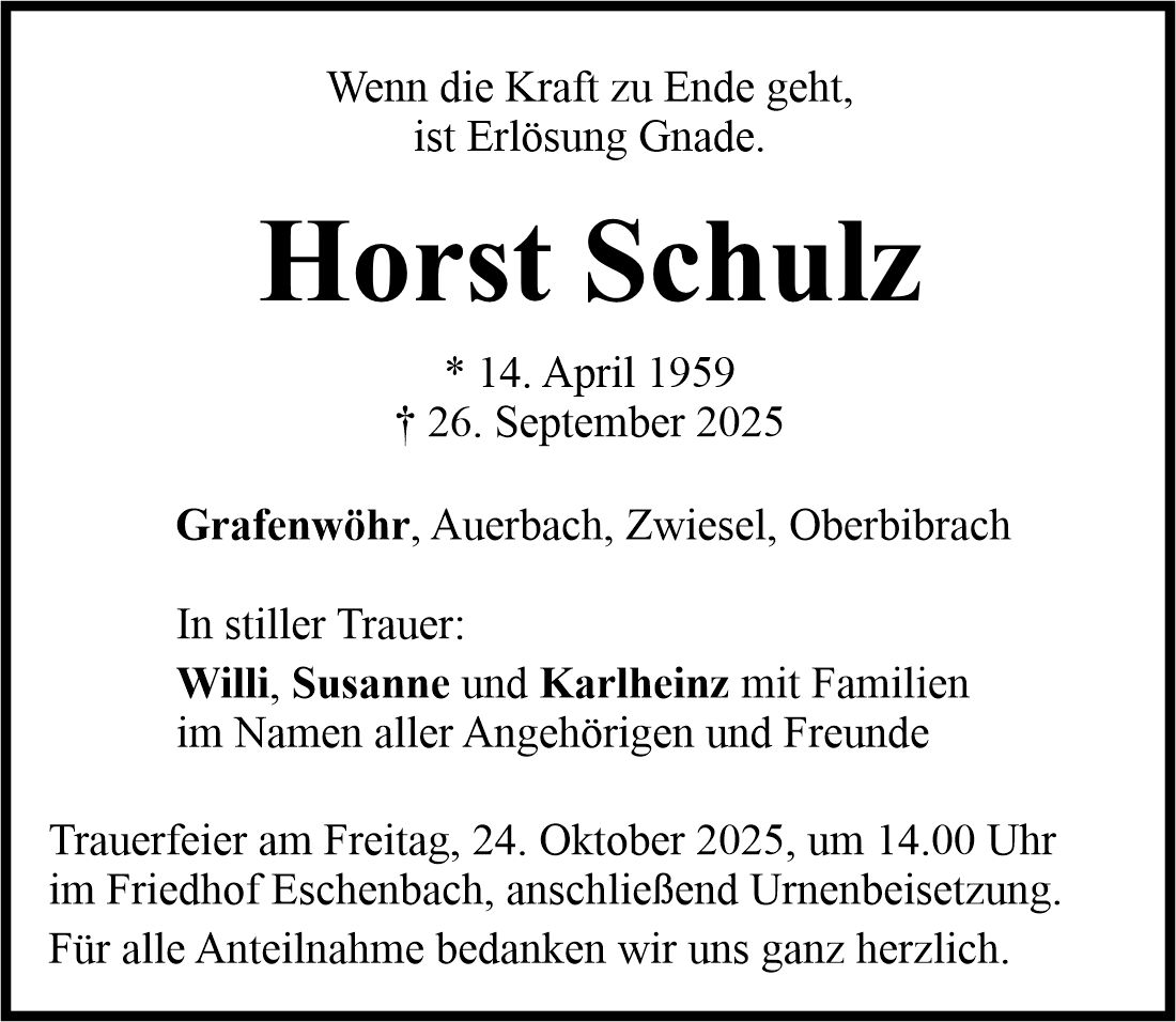 Traueranzeige Horst Schulz, Grafenwöhr