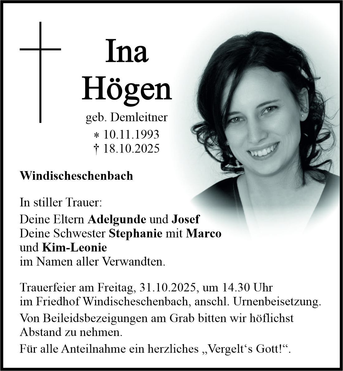 Traueranzeige Ina Högen, Windischeschenbach