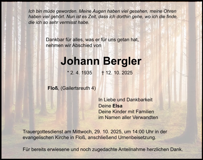 Traueranzeige Johann Bergler, Floß