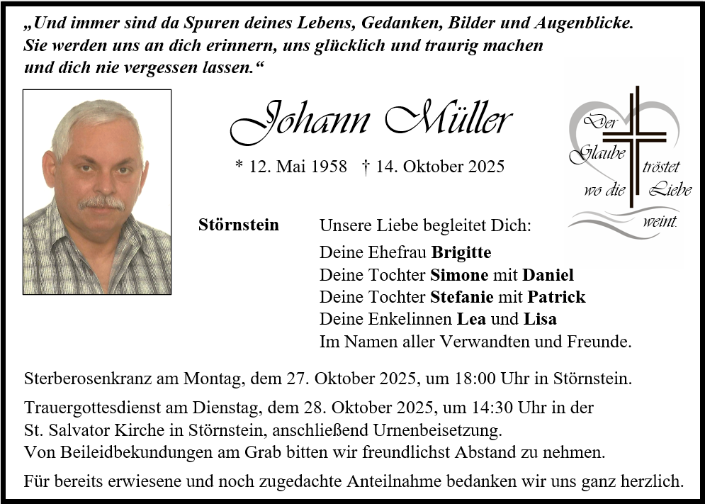 Traueranzeige Johann Müller, Störnstein