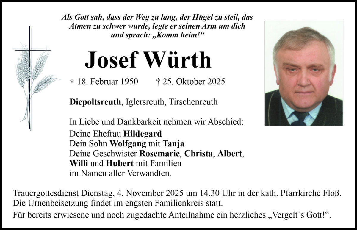Traueranzeige Josef Würth, Diepoltsreuth