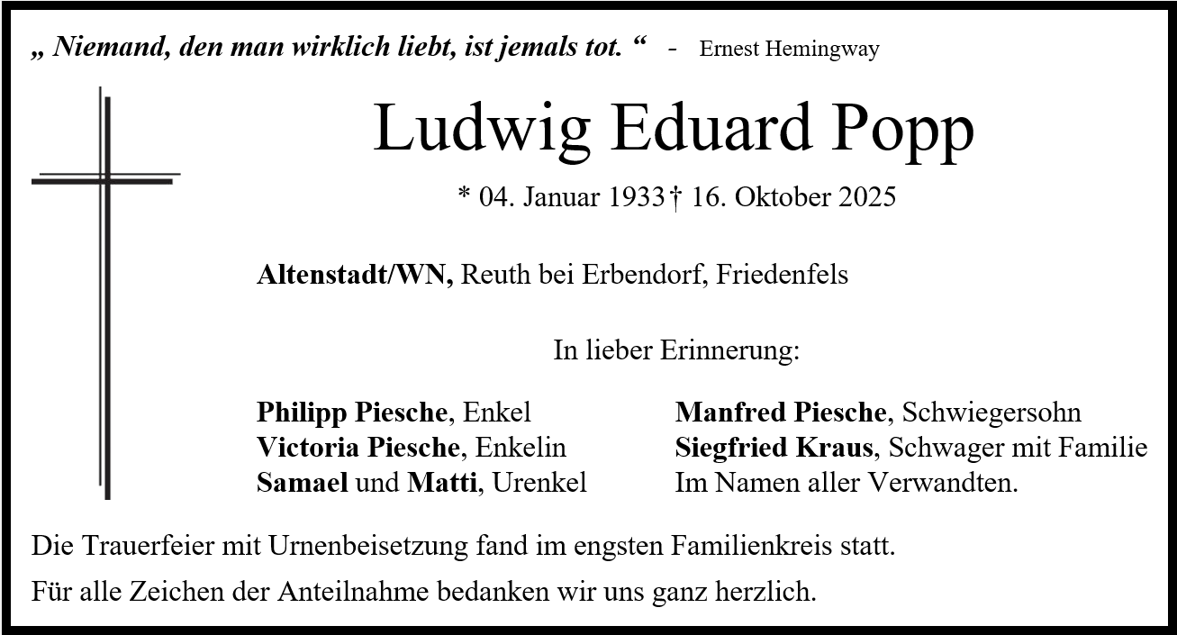 Traueranzeige Ludwig Eduard Popp, Altenstadt/WN