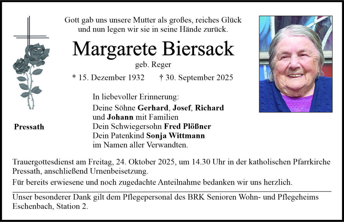 Traueranzeige Margarete Biersack, Pressath