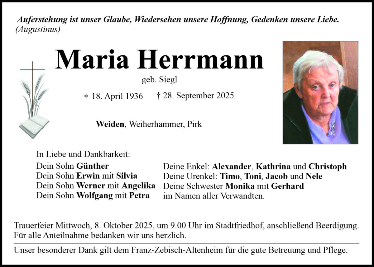 Traueranzeige Maria Herrmann, Weiden