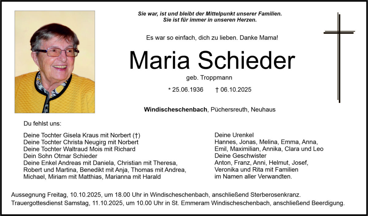 Traueranzeige Maria Schieder, Windischeschenbach