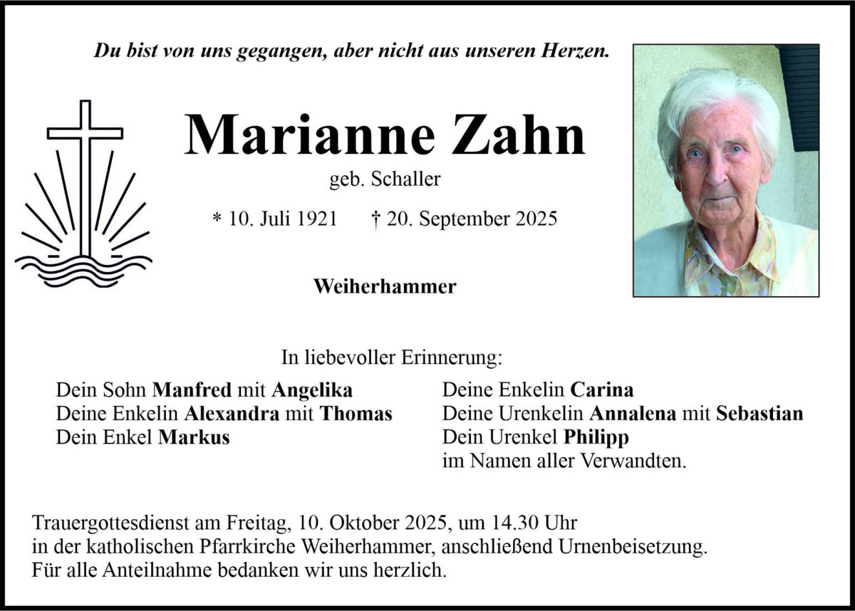 Traueranzeige Marianne Zahn, Weiherhammer