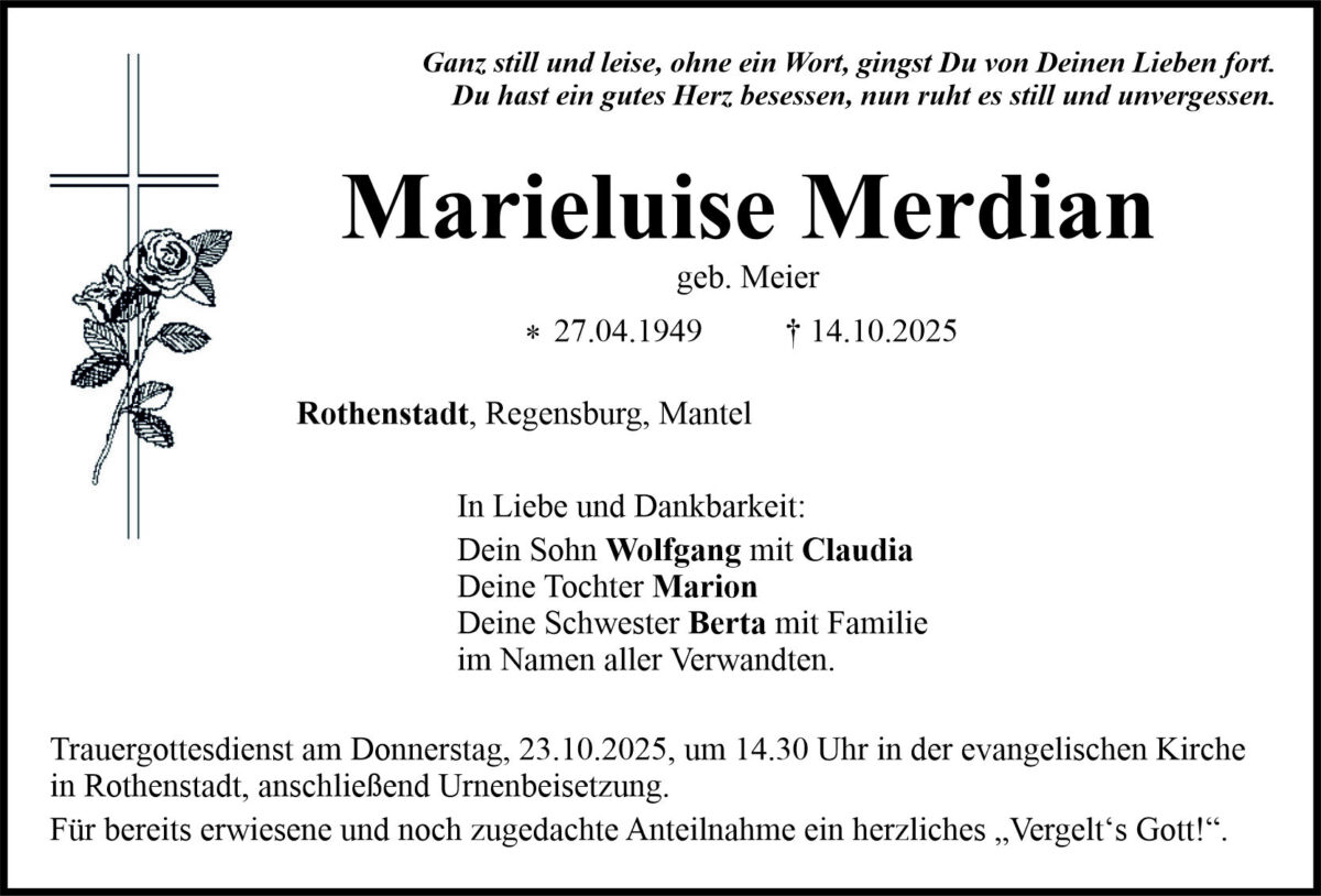 Traueranzeige Marieluise Merdian, Rothenstadt