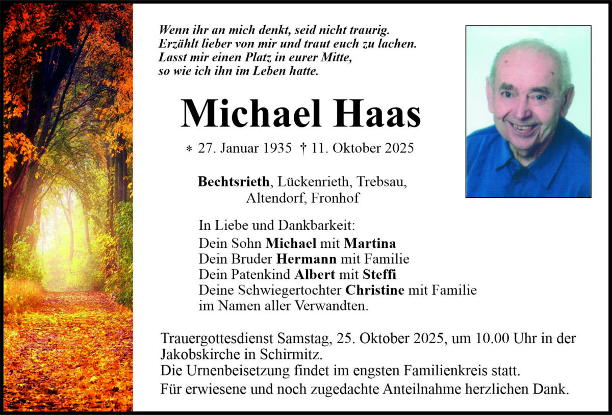 Traueranzeige Michael Haas, Bechtsrieth