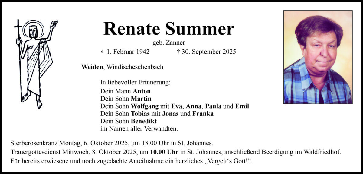 Traueranzeige Renate Summer, Weiden