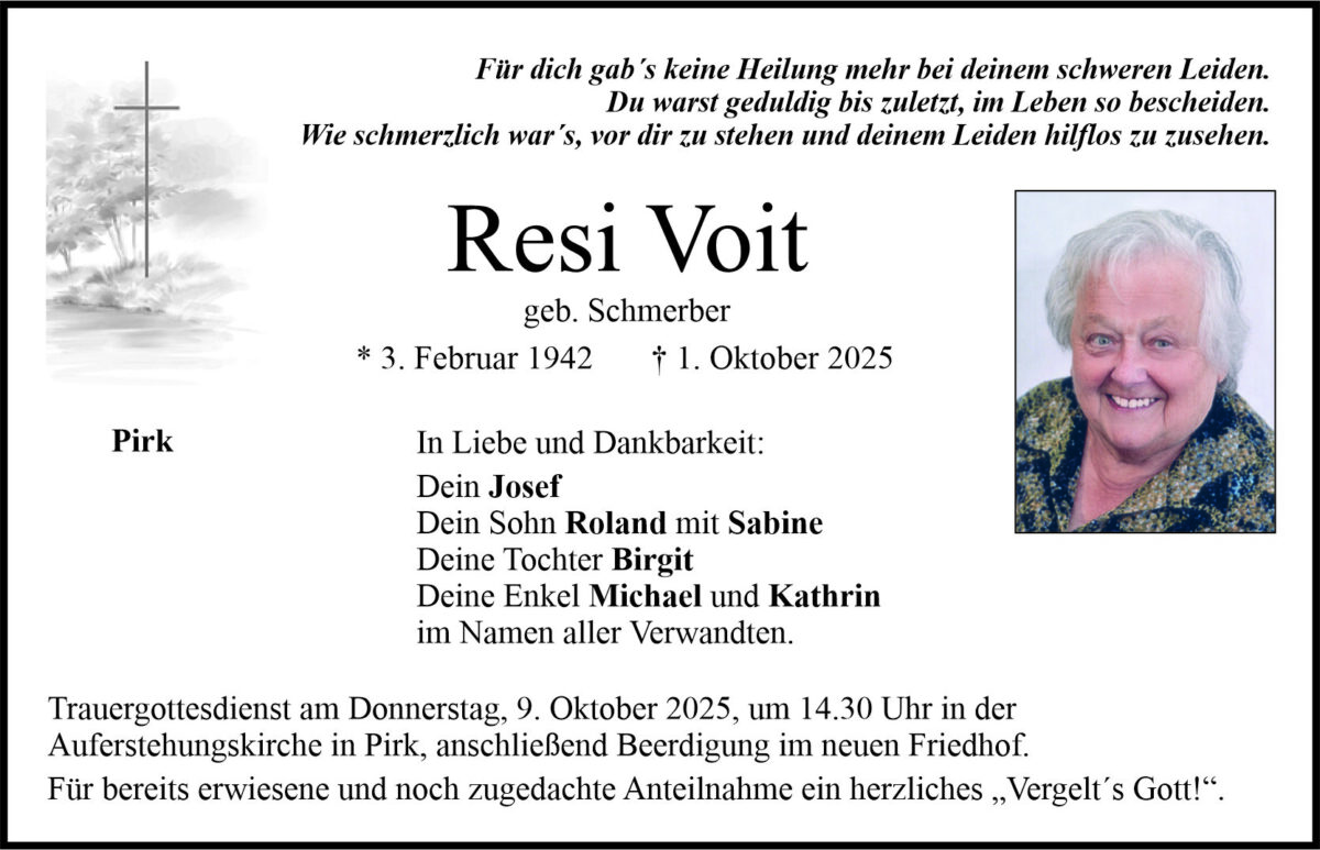 Traueranzeige Resi Voit, Pirk