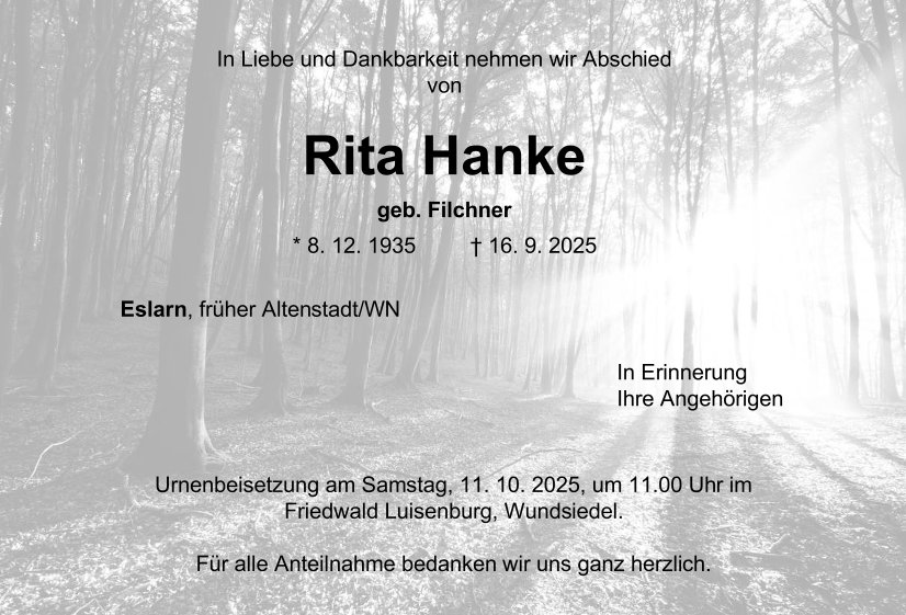Traueranzeige Rita Hanke, Eslarn
