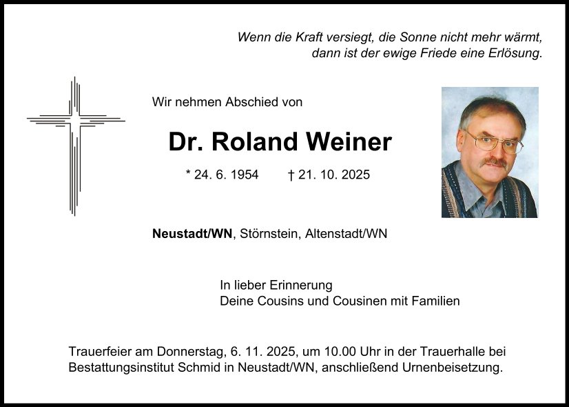 Traueranzeige Dr. Roland Weiner, Neustadt/WN