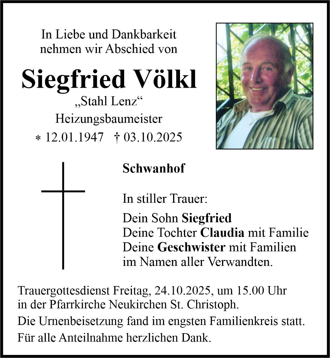 Traueranzeige Siegfried Völkl, Schwanhof