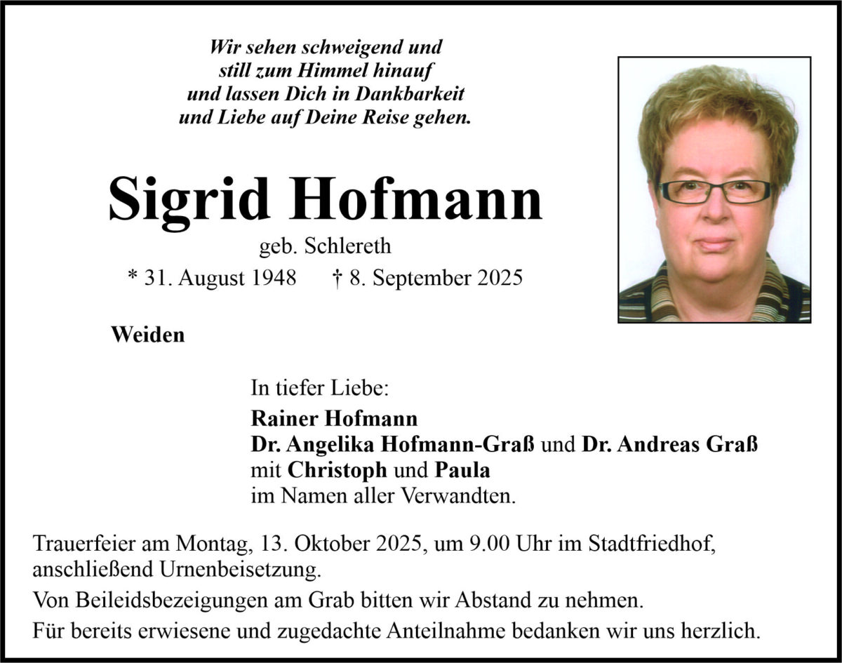 Traueranzeige Sigrid Hofmann, Weiden