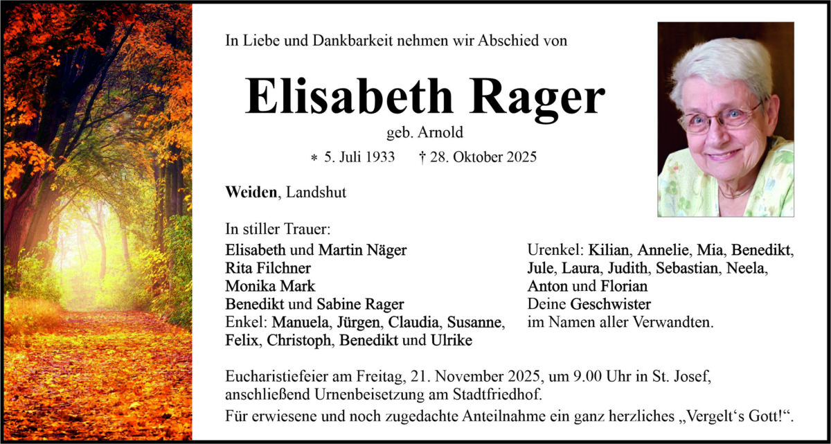 Traueranzeige Elisabeth Rager, Weiden