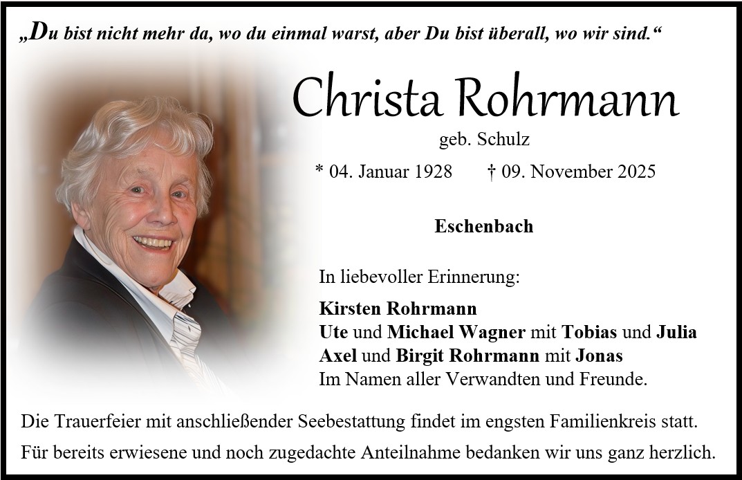 Traueranzeige Christa Rohrmann, Eschenbach