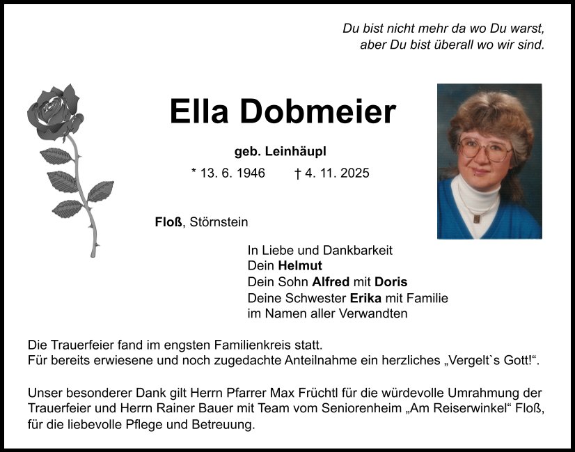 Traueranzeige Ella Dobmeier, Floß