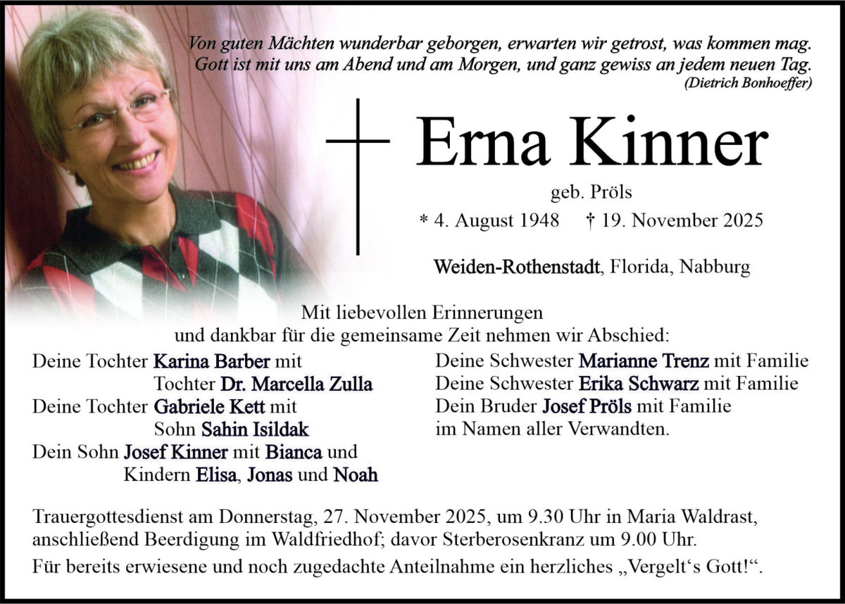 Traueranzeige Erna Kinner, Weiden-Rothenstadt