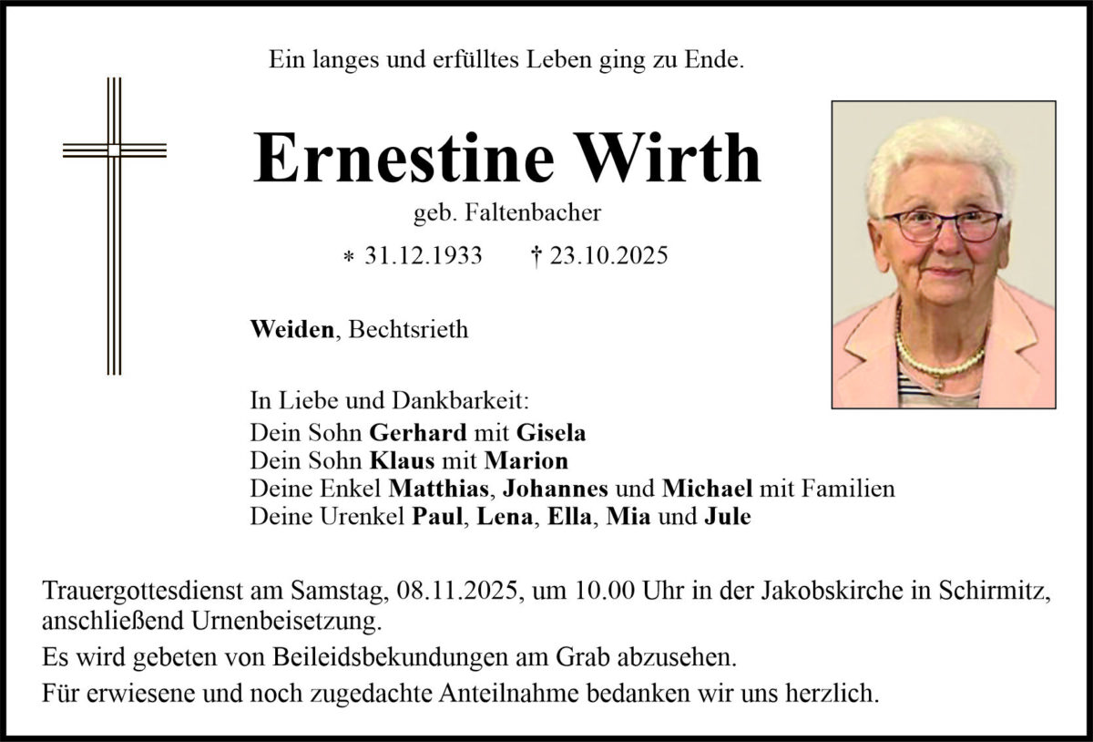 Traueranzeige Ernestine Wirth, Weiden