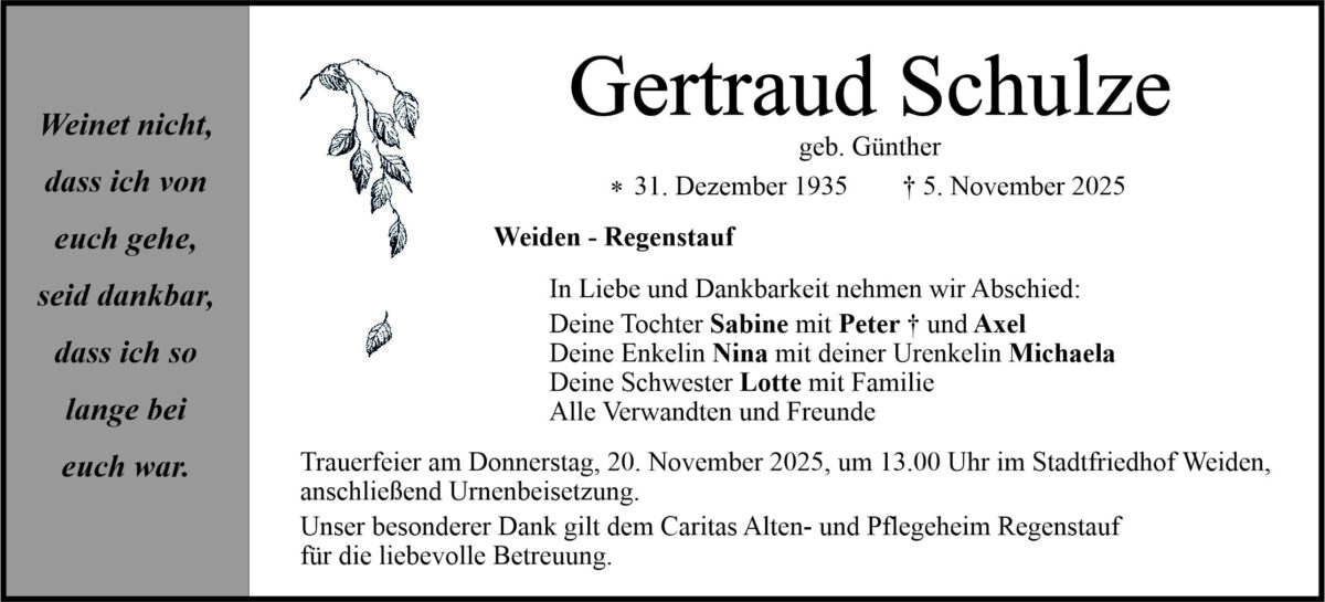 Traueranzeige Gertraud Schulze, Weiden