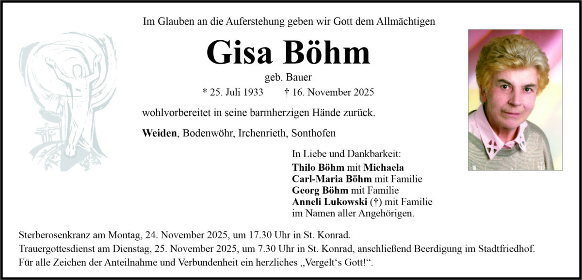 Traueranzeige Gisa Böhm, Weiden