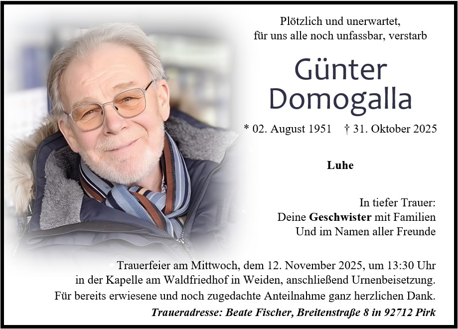 Traueranzeige Günter Domogalla, Luhe