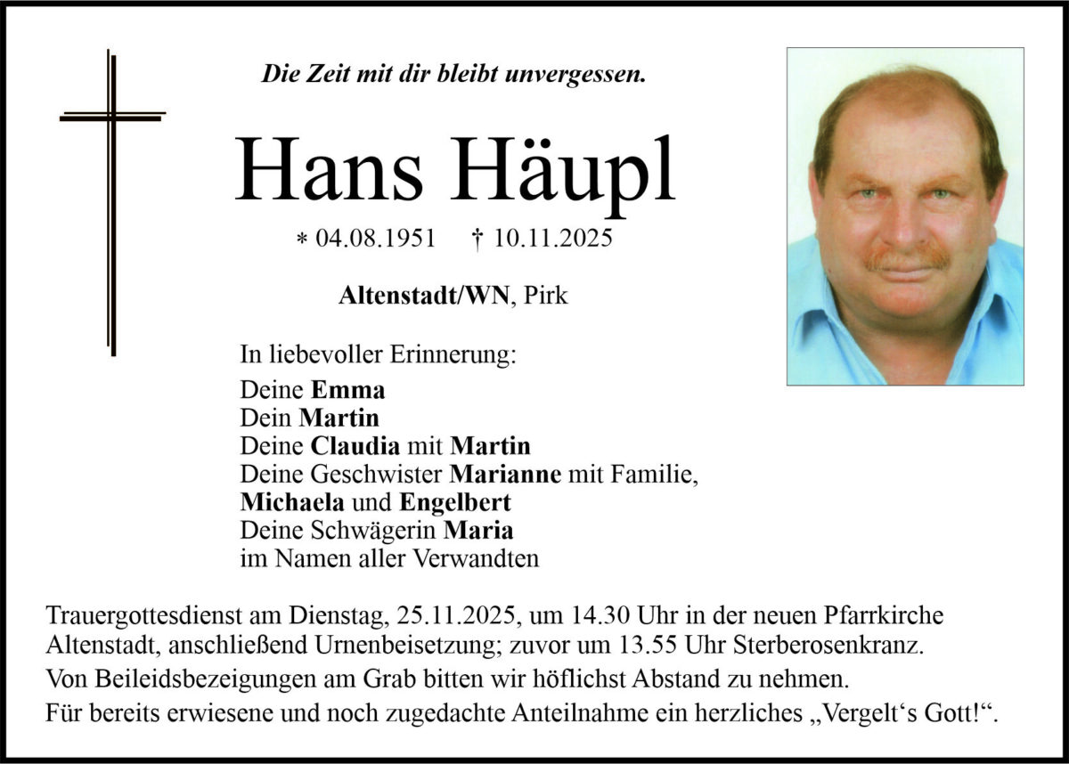 Traueranzeige Hans Häupl, Altenstadt/WN