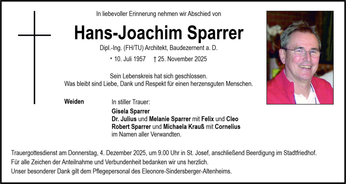 Traueranzeige Hans-Joachim Sparrer, Weiden