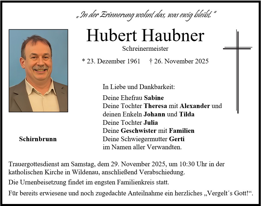 Traueranzeige Hubert Haubner, Wildenau
