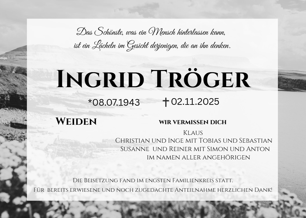 Traueranzeige Ingrid Tröger, Weiden