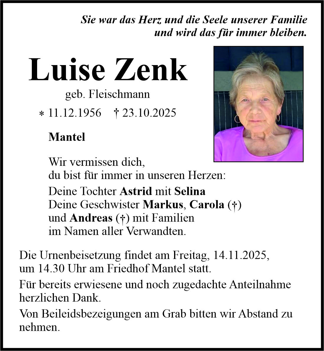Traueranzeige Luise Zenk, Mantel