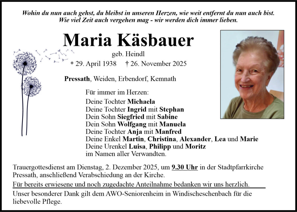 Traueranzeige Maria Käsbauer, Pressath