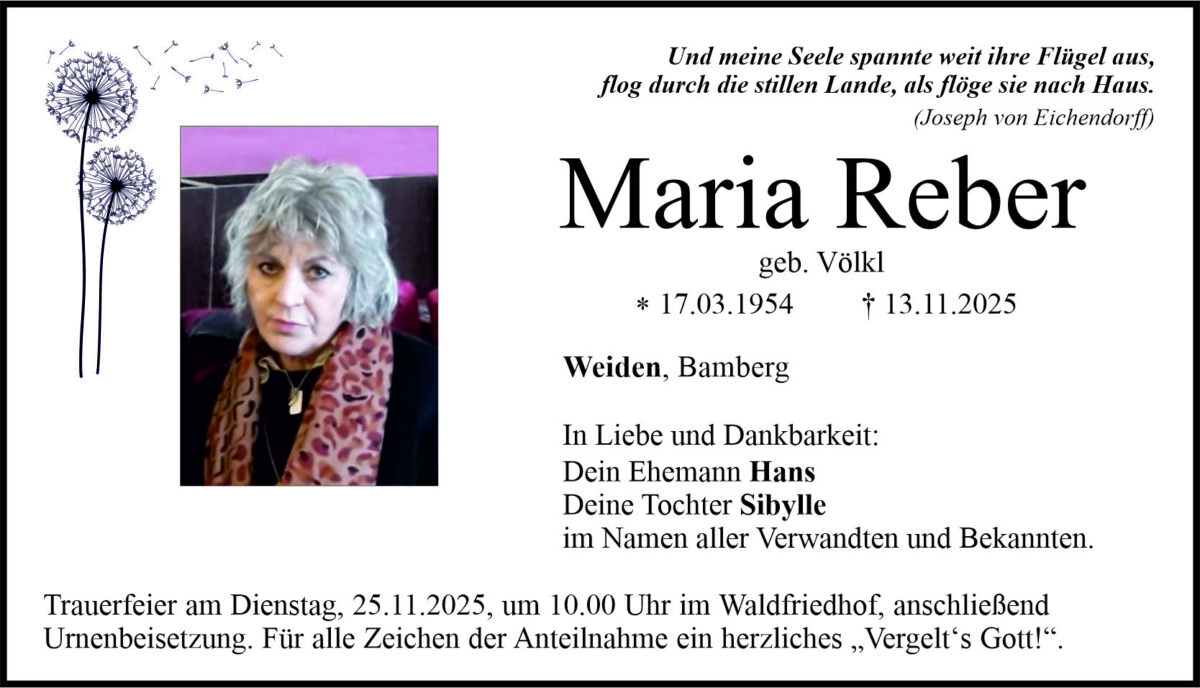Traueranzeige Maria Reber, Weiden