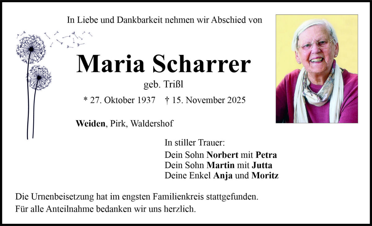 Traueranzeige Maria Scharrer, Weiden