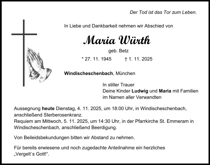 Traueranzeige Maria Würth, Windischeschenbach