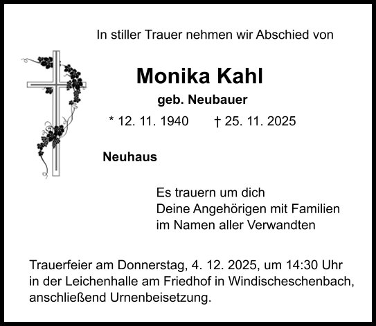 Traueranzeige Monika Kahl, Neuhaus