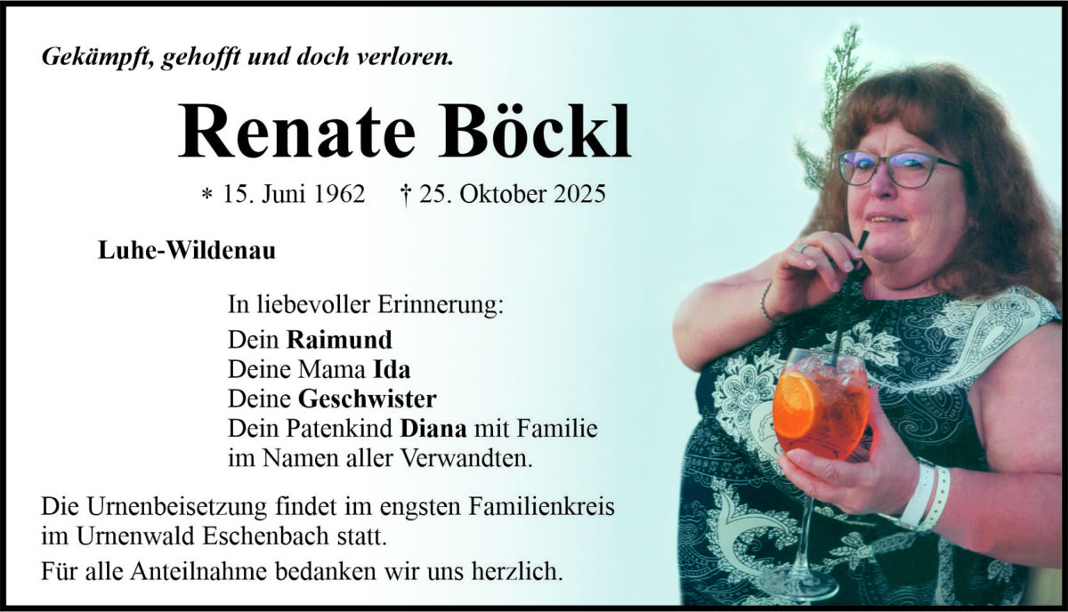 Traueranzeige Renate Böckl, Luhe-Wildenau