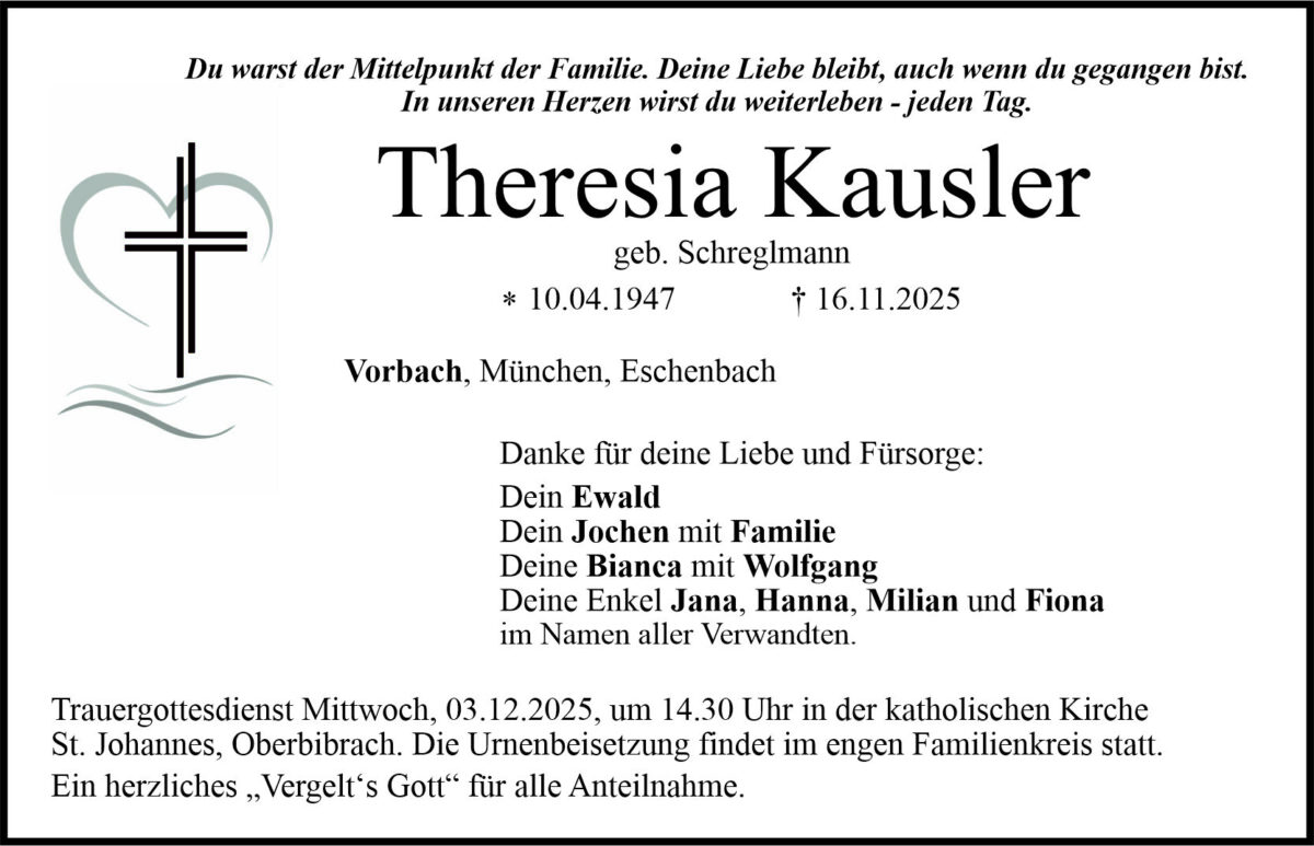 Traueranzeige Theresia Kausler, Vorbach