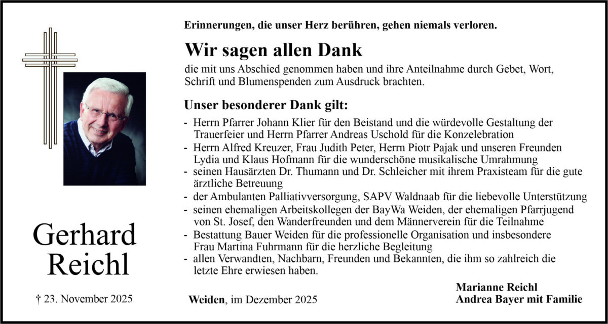 Danksagung Gerhard Reichl, Weiden