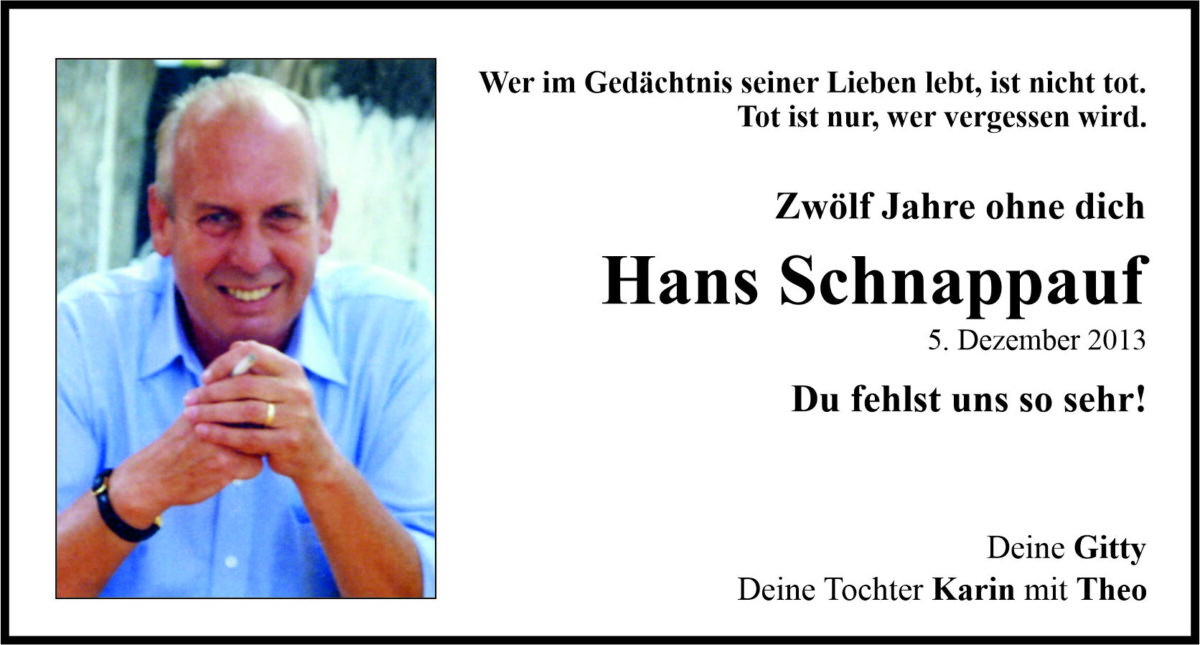 Gedenkanzeige Hans Schnappauf, Weiden