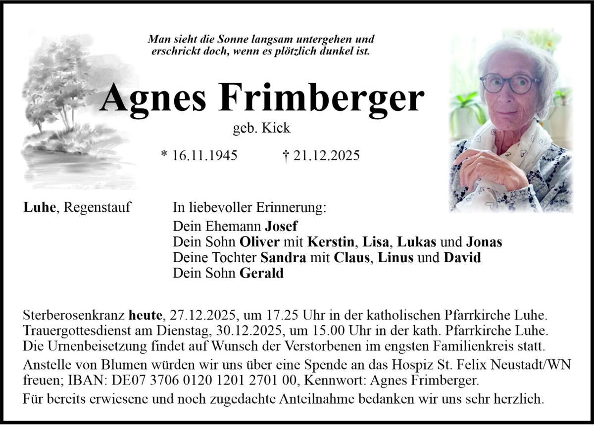 Traueranzeige Agnes Frimberger, Luhe