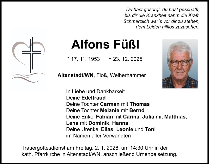 Traueranzeige Alfons Füßl, Altenstadt/WN