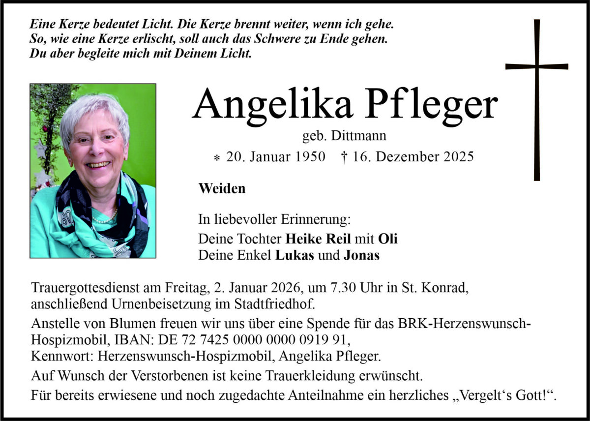 Traueranzeige Angelika Pfleger, Weiden