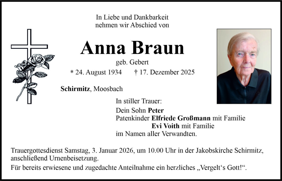 Traueranzeige Anna Braun, Schirmitz
