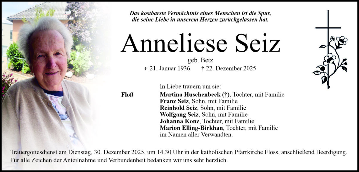 Traueranzeige Anneliese Seiz, Weiden