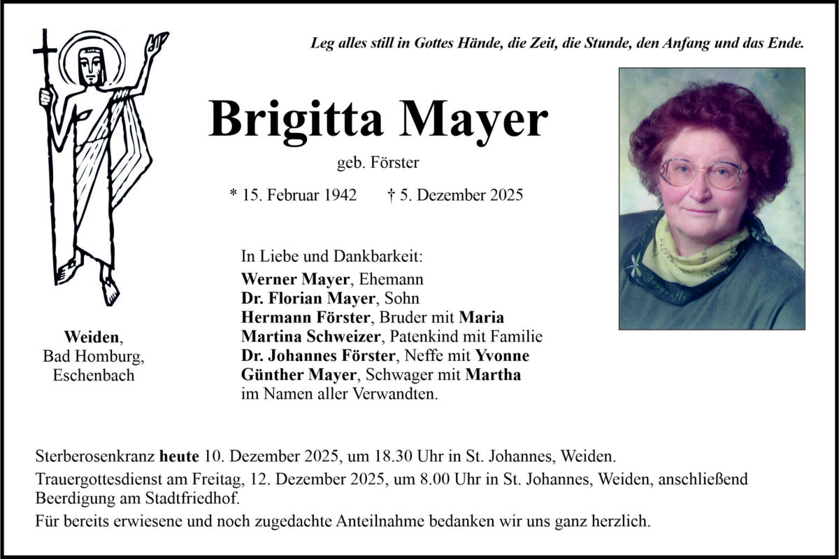 Traueranzeige Brigitte Mayer, Weiden