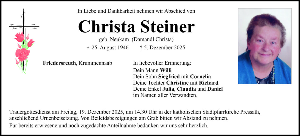 Traueranzeige Christa Steiner, Friedersreuth