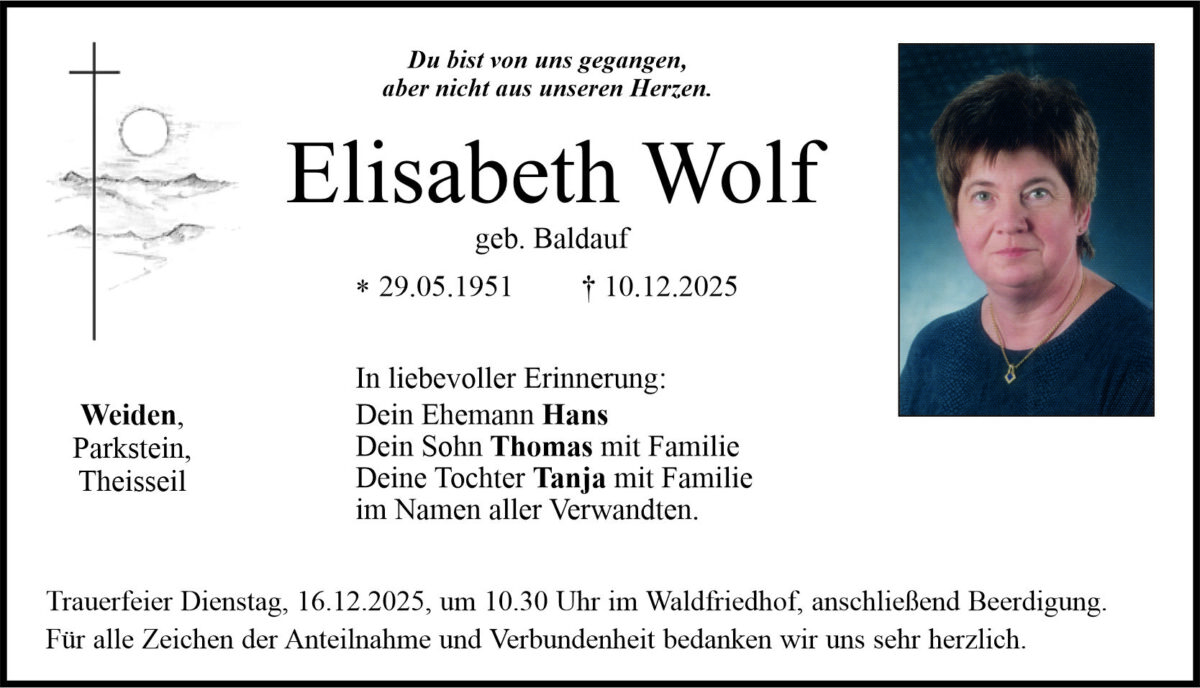 Traueranzeige Elisabeth Wolf, Weiden