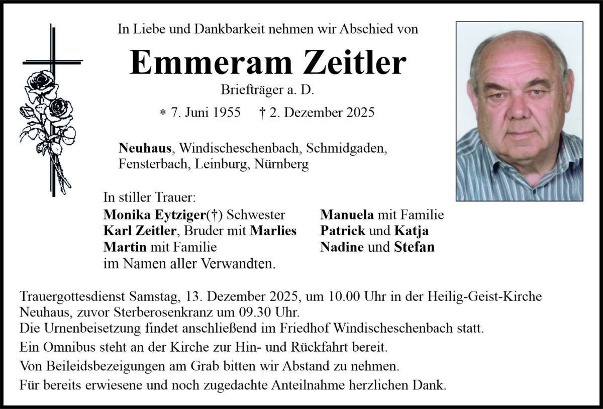Traueranzeige Emmeram Zeitler, Neuhaus